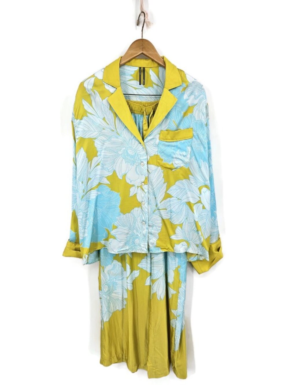 Anthropologie Chartreuse Satin Pajamas Womens M Top Small Bottoms Oversized